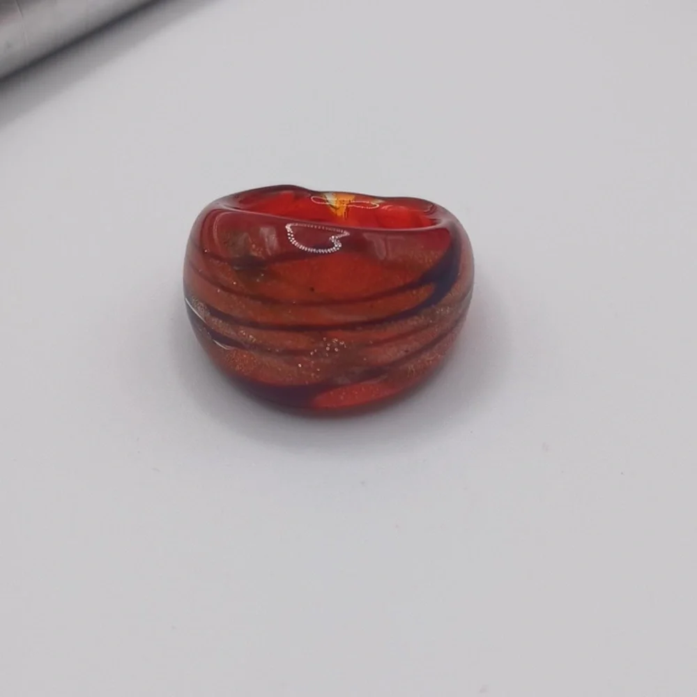 Red Glass Art Ring With Gold And Black Streaks Sz 7.5